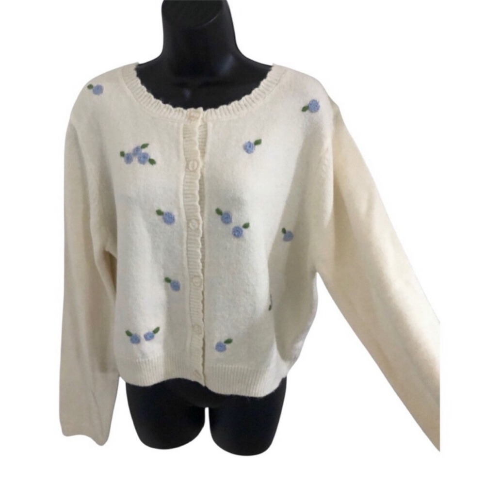 Jessica simpson cream blue flower embroidered scalloped collar cardigan size S‎